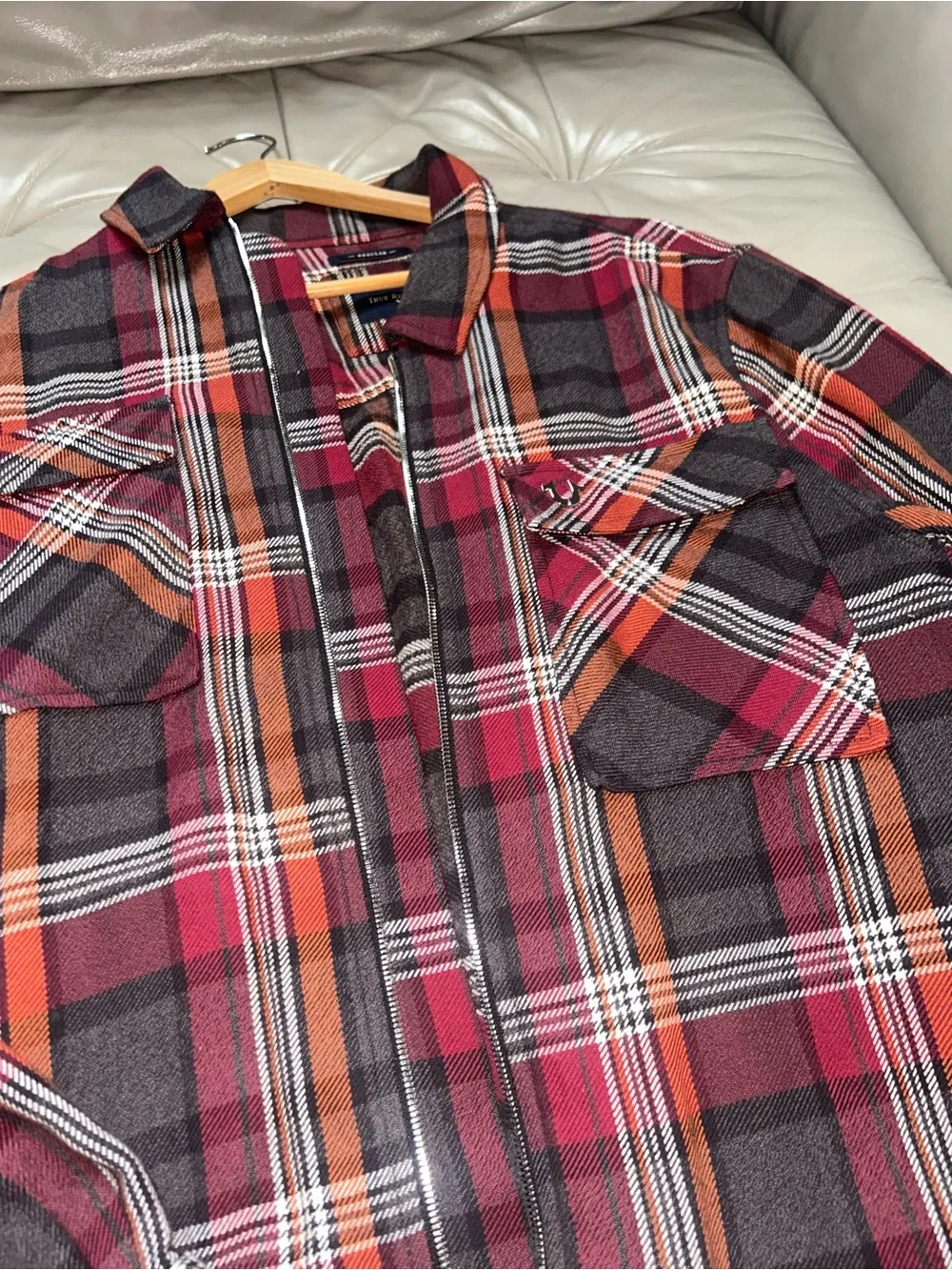 True Religion Red and Black Plaid Zip Up Shirt
